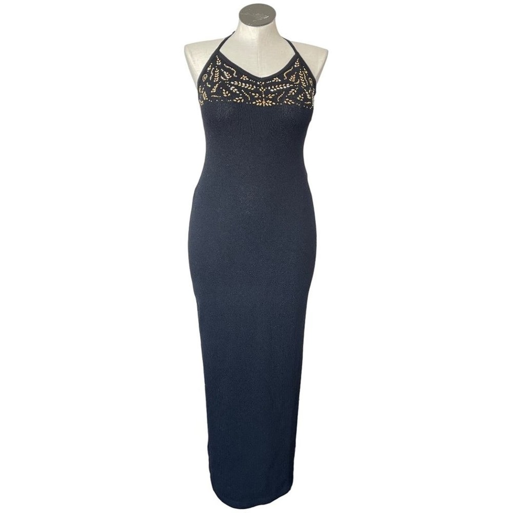 St John Evening Marie Gray Dress Maxi Santana Knit Sleeveless Gold Size 6